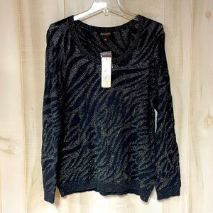 NWT Dana Buchman Black Silver Metallic Textured Scoop Neck Sweater Sz L
